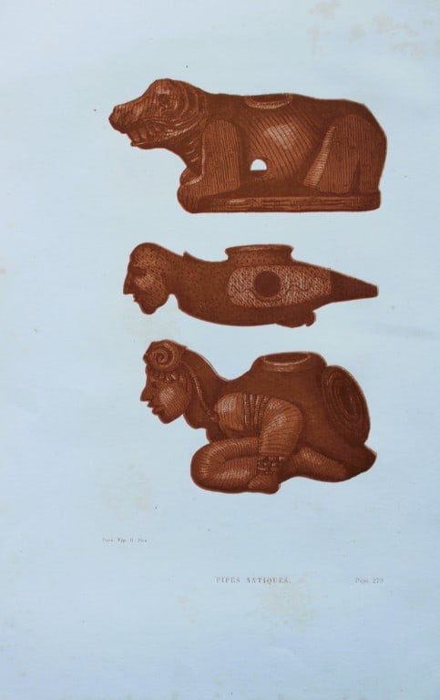 Abbe E Domenech - Ancient Wooden Pipes of North America 1860: This wood-engraved plate is from Voyage Pittoresque Dans Les Grands D?serts Du Nouveau Monde by Abbe Emmanual Domenech. Published by Morizot, Paris 1860.Domenech was a missionary in Texas and Mexico a