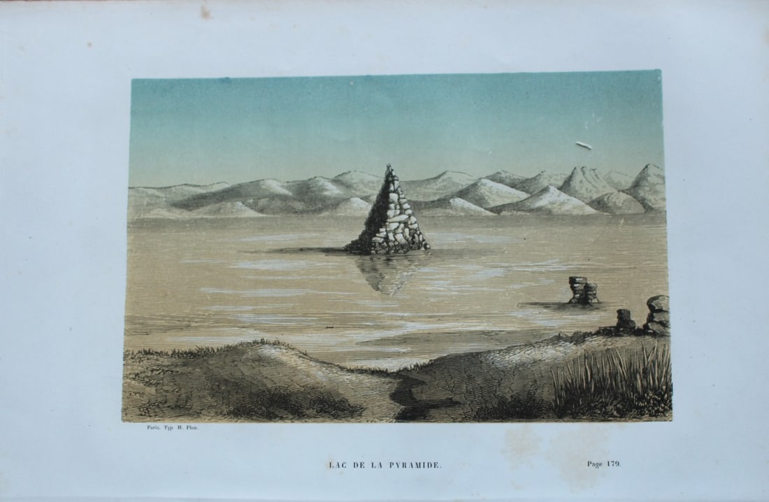 Abbe E Domenech - Pyramid Lake 1860: This wood-engraved plate is from Voyage Pittoresque Dans Les Grands D?serts Du Nouveau Monde by Abbe Emmanual Domenech. Published by Morizot, Paris 1860.Domenech was a missionary in Texas and Mexico a