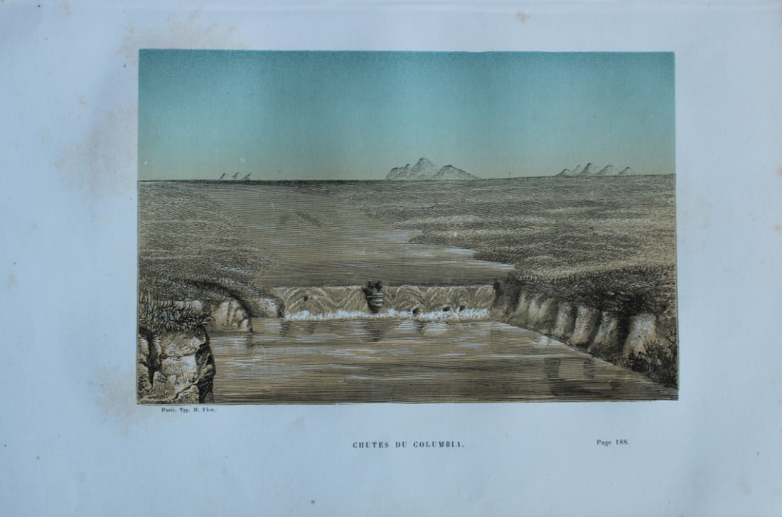 Abbe E Domenech - Columbia Falls 1860: This wood-engraved plate is from Voyage Pittoresque Dans Les Grands D?serts Du Nouveau Monde by Abbe Emmanual Domenech. Published by Morizot, Paris 1860.Domenech was a missionary in Texas and Mexico a