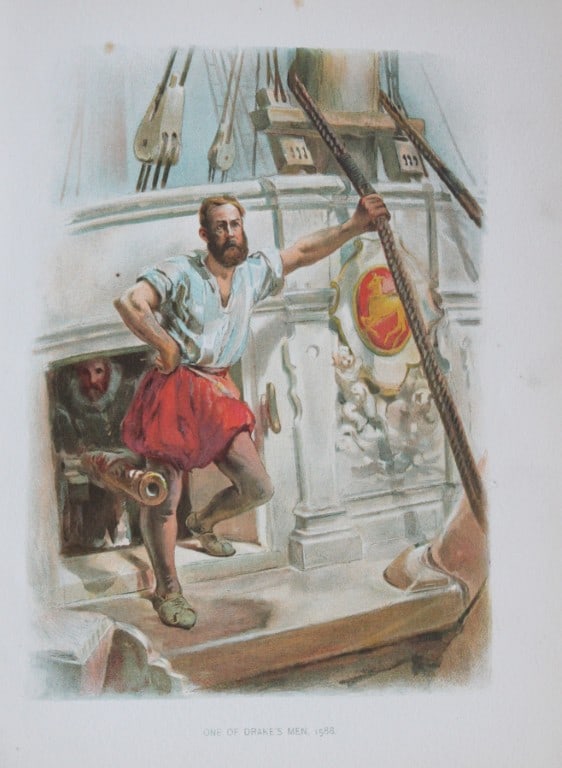 WC Symons - One of Drake's men (1588) 1890: This illustration is from the magnificent three-volume history of the British Navy entitled Her Majesty's Navy, published in London between 1890 and 1893, at the height of Queen Victoria's British Emp