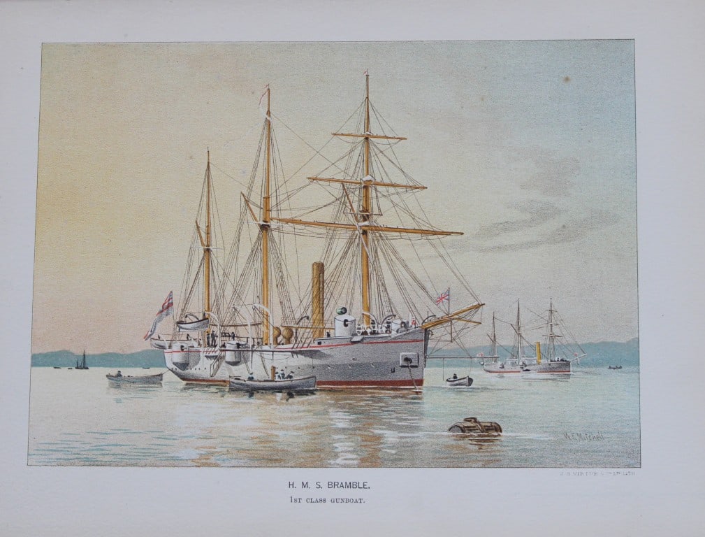 WF Mitchell - HMS Bramble 1st Class Gunboat 1890: This illustration is from the magnificent three-volume history of the British Navy entitled Her Majesty's Navy, published in London between 1890 and 1893, at the height of Queen Victoria's British Emp
