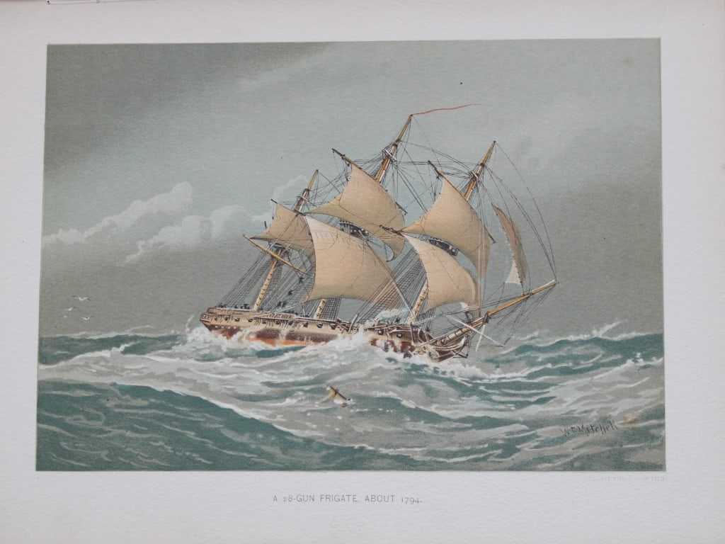 WF Mitchell - A 28-Gun Frigate 1890: This illustration is from the magnificent three-volume history of the British Navy entitled Her Majesty's Navy, published in London between 1890 and 1893, at the height of Queen Victoria's British Emp