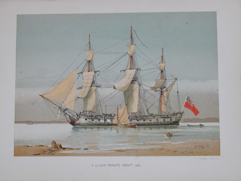 WF Mitchell - A 42-Gun Frigate 1890: This illustration is from the magnificent three-volume history of the British Navy entitled Her Majesty's Navy, published in London between 1890 and 1893, at the height of Queen Victoria's British Emp
