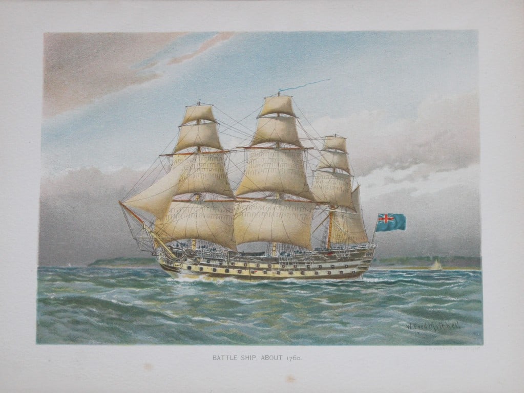 WF Mitchell - 18th Century Battleship 1890: This illustration is from the magnificent three-volume history of the British Navy entitled Her Majesty's Navy, published in London between 1890 and 1893, at the height of Queen Victoria's British