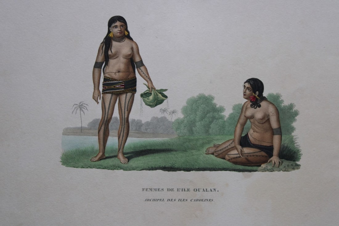 Duperrey - Women of Oualan Island 1826: This hand-coloured engraving of Femmes De L'ile Oualan is from Voyage autour du monde, ex?cut? par ordre du Roi, sur la corvette de Sa Majest?, la Coquille, pendant les ann?es 1822, 1823, 1824 et 1825