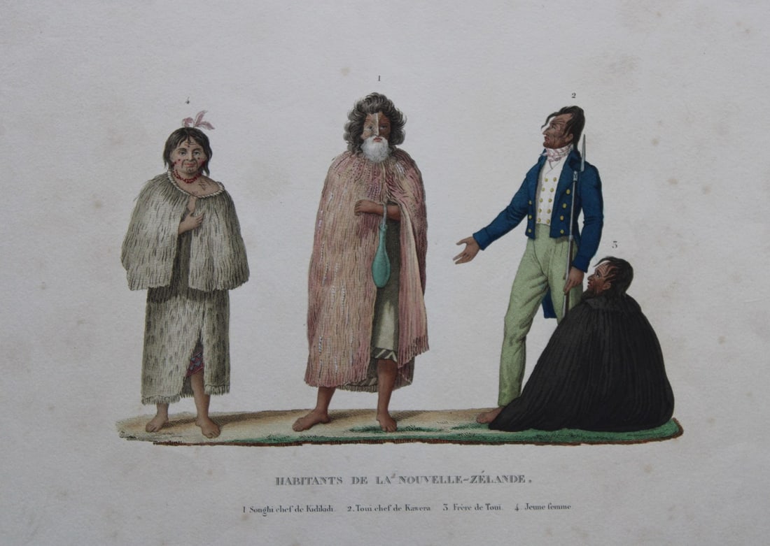 Duperrey - Native people of New Zealand, Maori 1826: This hand-coloured engraving of Habitants de la Nouvelle Zelande. 1. Songhi chef de Kidikidi. 2. Toui chef de Kawera. 3. Frere de Toui. 4. Jeune femme. is from Voyage autour du monde, ex?cut? par ordr