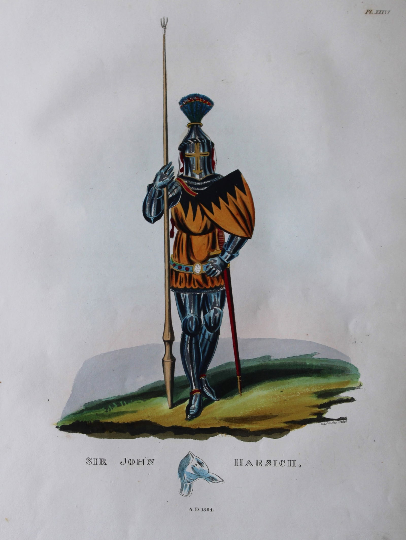 Sir John Harsich by Samuel Meyrick 1842: This superb hand-coloured engraving of Sir John Harsich is Plate XXXVI from the 1842 enlarged folio edition of A Critical Inquiry into Antient Armour, as it existed in Europe, particularly in Great Br