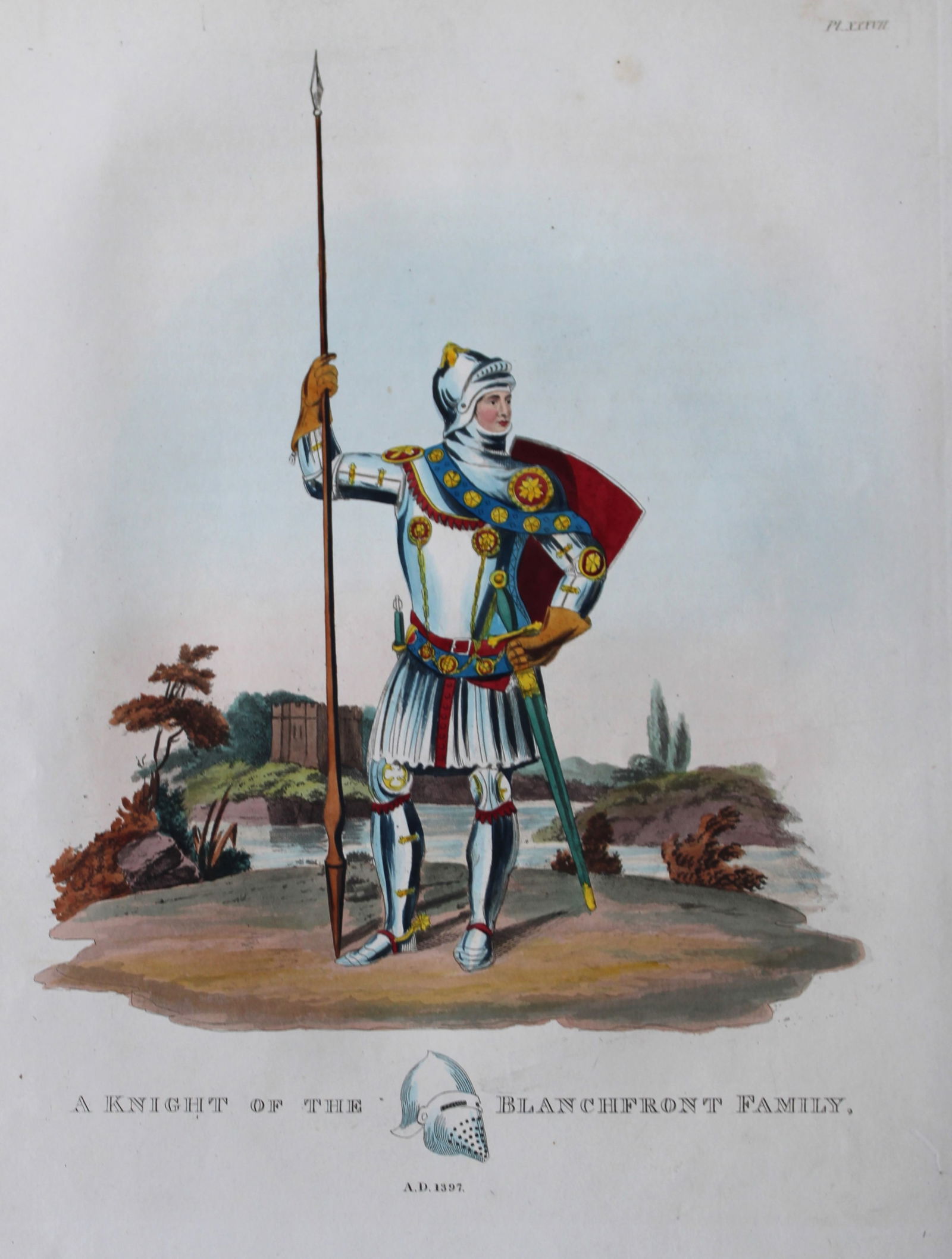 A Knight of the Blanchfront Family by S. Meyrick 1842: This superb hand-coloured engraving of A Knight of the Blanchfront Family is Plate XXXVII from the 1842 enlarged folio edition of A Critical Inquiry into Antient Armour, as it existed in Europe, parti
