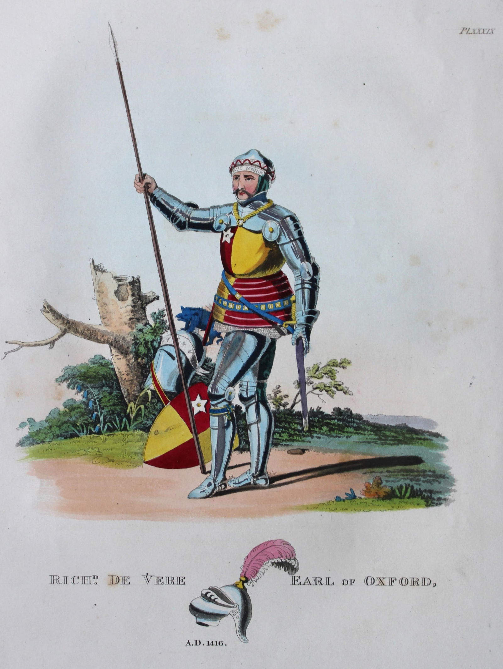 Richard de Vere Earl of Oxford by Samuel Meyrick 1842: This superb hand-coloured engraving of Richard de Vere Earl of Oxford is Plate XXXIX from the 1842 enlarged folio edition of A Critical Inquiry into Antient Armour, as it existed in Europe, particular