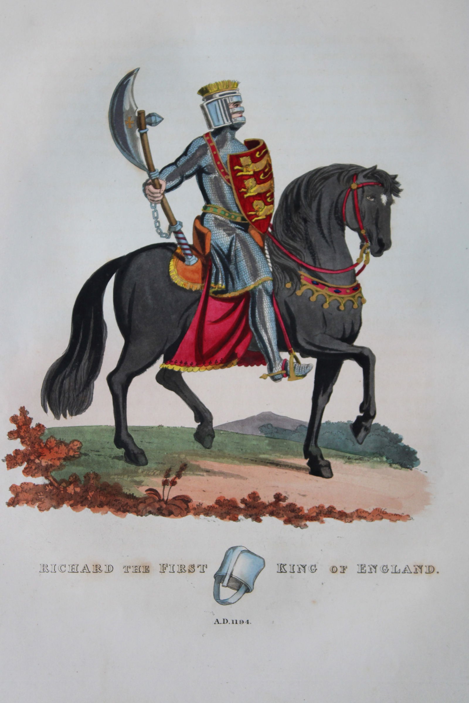Richard the First King of England by S. Meyrick 1842: This superb hand-coloured engraving of Richard the First King of England is Plate XIII from the 1842 enlarged folio edition of A Critical Inquiry into Antient Armour, as it existed in Europe, particul