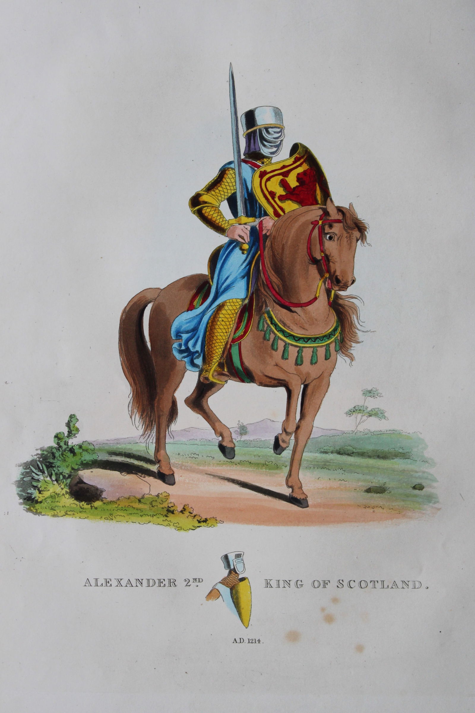 Alexander 2nd King of Scotland by Samuel Meyrick 1842: This superb hand-coloured engraving of Alexander 2nd King of Scotland is Plate XIV from the 1842 enlarged folio edition of A Critical Inquiry into Antient Armour, as it existed in Europe, particularly