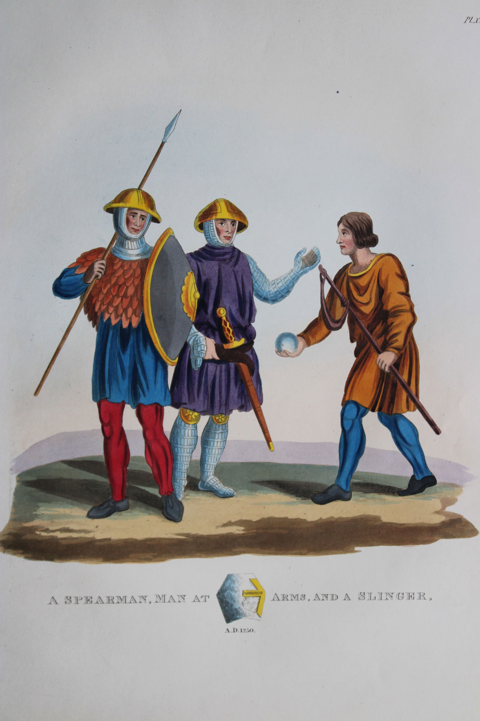 A Spearman at Arms and a Slinger by Samuel Meyrick 1842: This superb hand-coloured engraving of A Spearman at Arms and a Slinger by Samuel Meyrick 1842 from the 1842 enlarged folio edition of A Critical Inquiry into Antient Armour, as it existed in Europe,