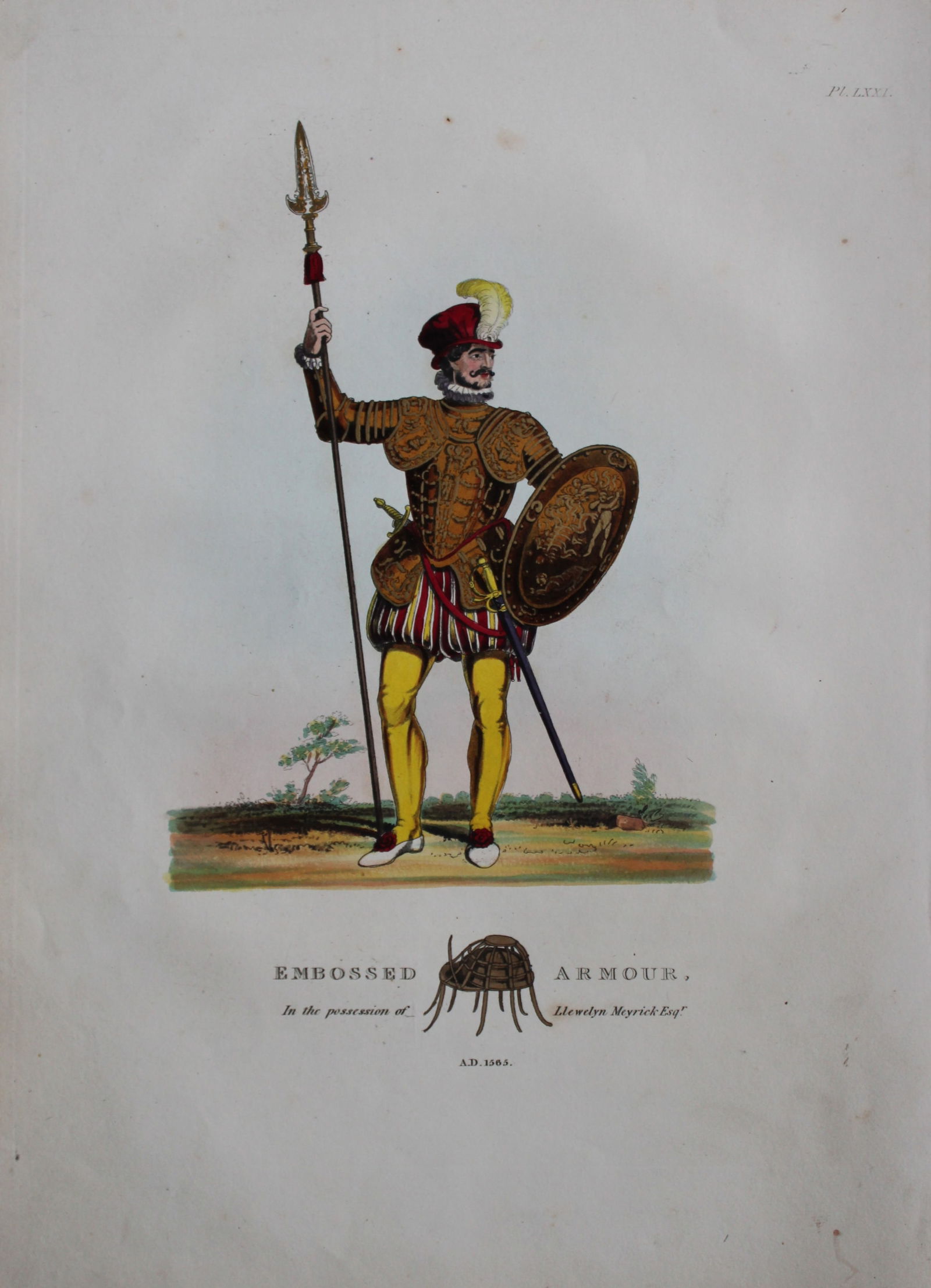 Embossed Armour by Samuel Meyrick 1842: This superb hand-coloured engraving of Embossed Armour by Samuel Meyrick 1842 from the 1842 enlarged folio edition of A Critical Inquiry into Antient Armour, as it existed in Europe, particularly in G