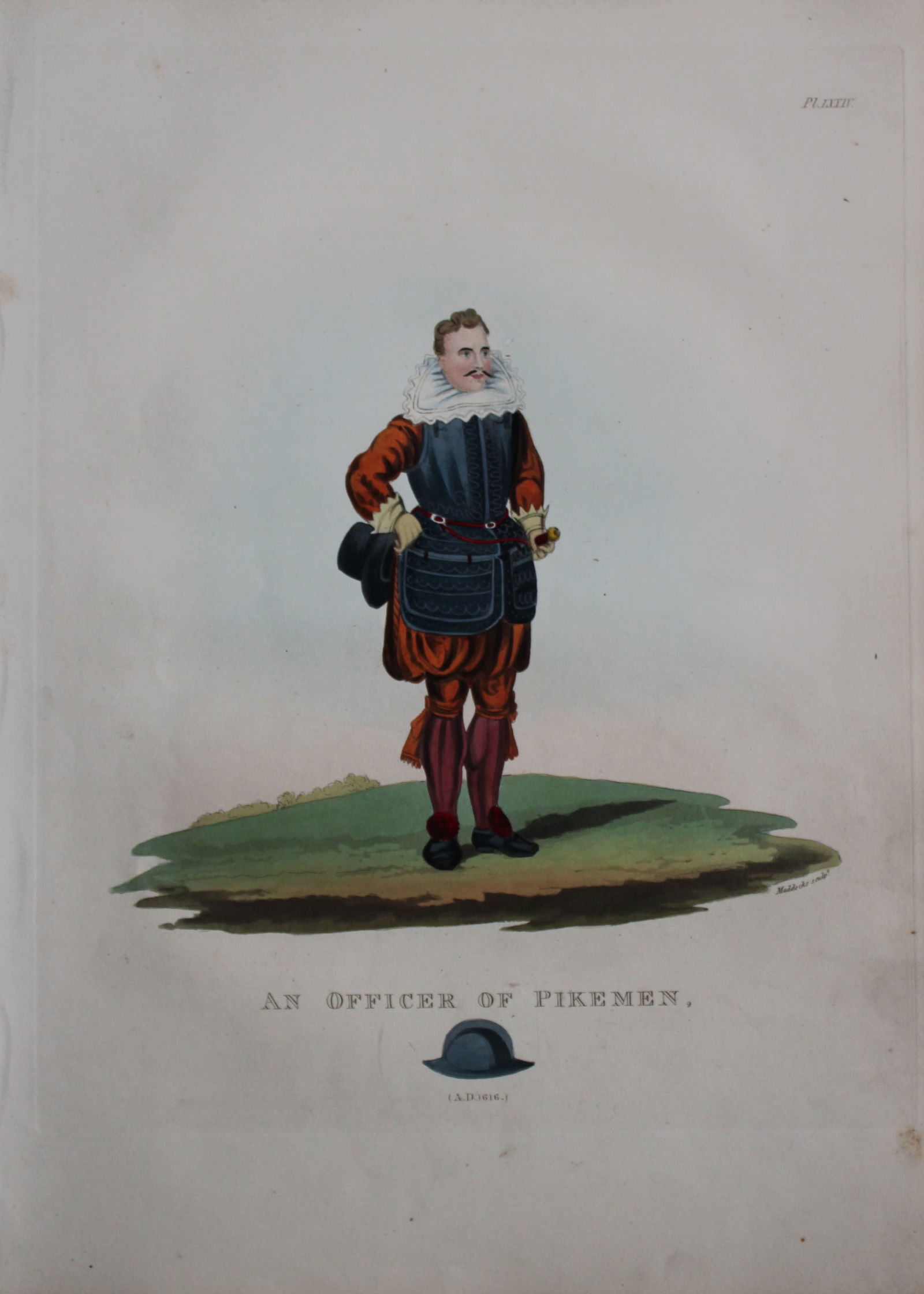 An Officer of Pikemen by Samuel Meyrick 1842: This superb hand-coloured engraving of An Officer of Pikemen by Samuel Meyrick 1842 from the 1842 enlarged folio edition of A Critical Inquiry into Antient Armour, as it existed in Europe, particularl