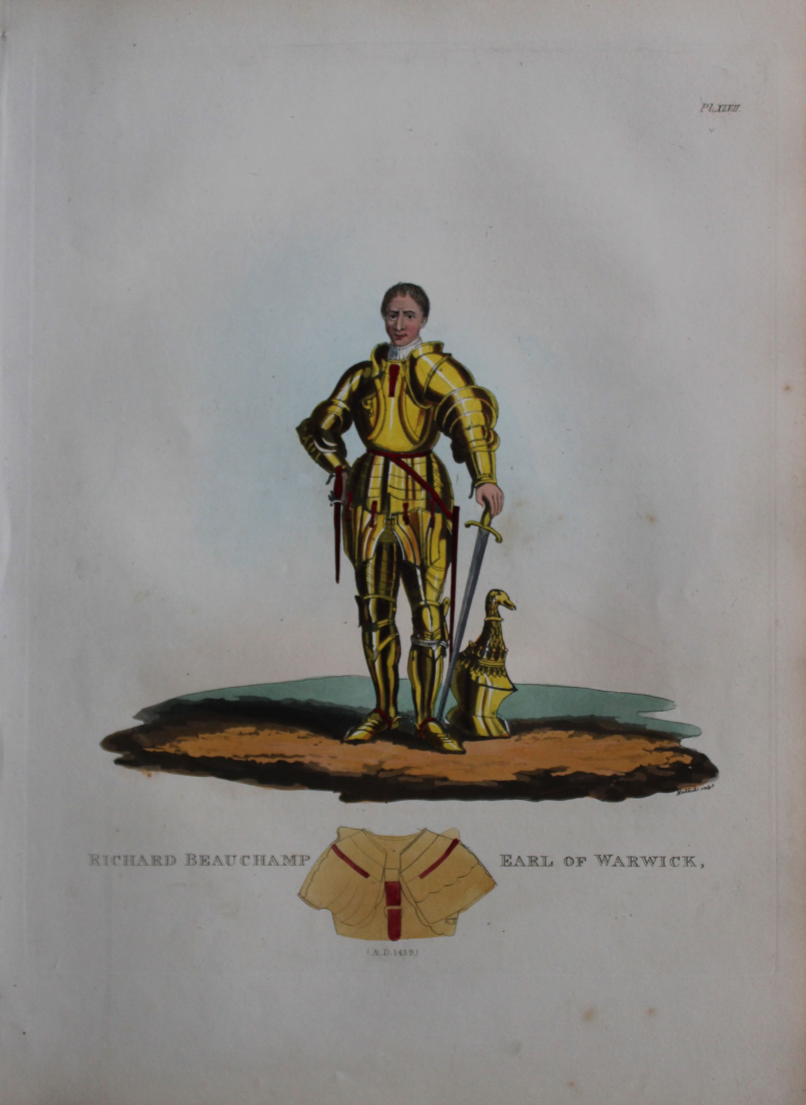 Richard Beauchamp, Earl of Warwick by Samuel Meyrick 1842: This superb hand-coloured engraving of Richard Beauchamp, Earl of Warwick by Samuel Meyrick 1842 from the 1842 enlarged folio edition of A Critical Inquiry into Antient Armour, as it existed in Europe
