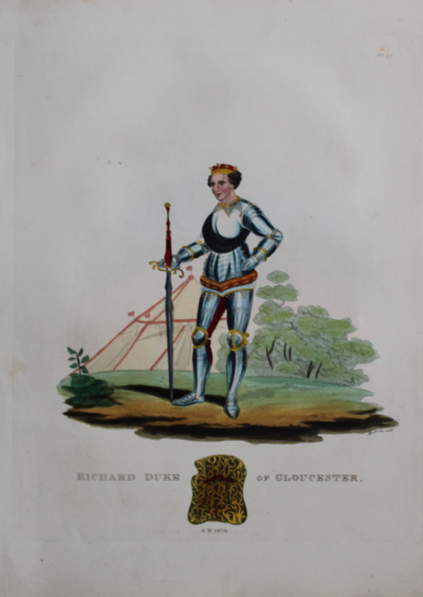 Richard Duke of Gloucester by Samuel Meyrick 1842: This superb hand-coloured engraving of Richard Duke of Gloucester by Samuel Meyrick 1842 from the 1842 enlarged folio edition of A Critical Inquiry into Antient Armour, as it existed in Europe, partic