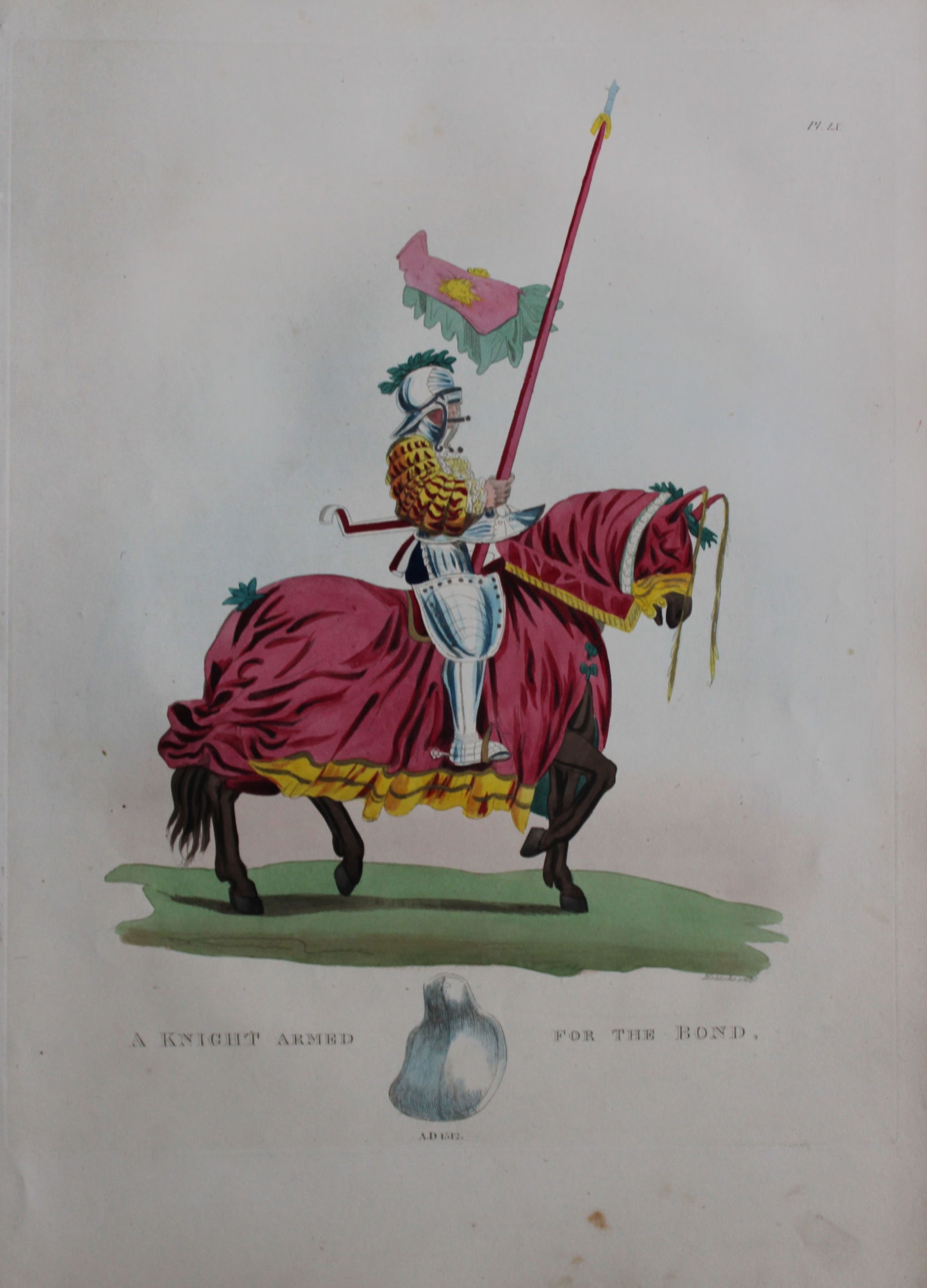 A Knight armed for the Bond by Samuel Meyrick 1842: This superb hand-coloured engraving of A Knight armed for the Bond by Samuel Meyrick 1842 from the 1842 enlarged folio edition of A Critical Inquiry into Antient Armour, as it existed in Europe, parti