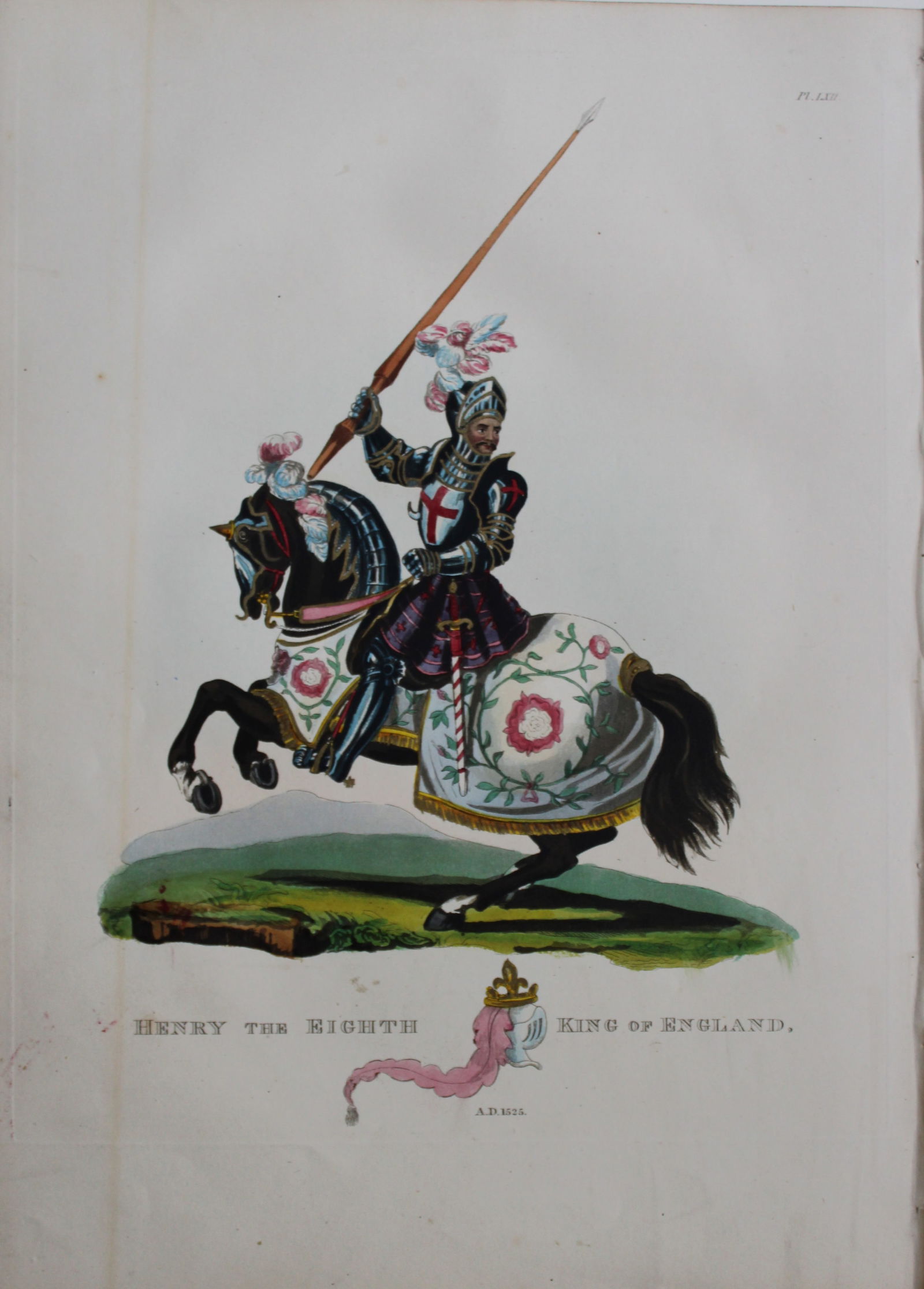 Henry VIII King of England by Samuel Meyrick 1842: This superb hand-coloured engraving of Henry VIII King of England by Samuel Meyrick 1842 from the 1842 enlarged folio edition of A Critical Inquiry into Antient Armour, as it existed in Europe, partic