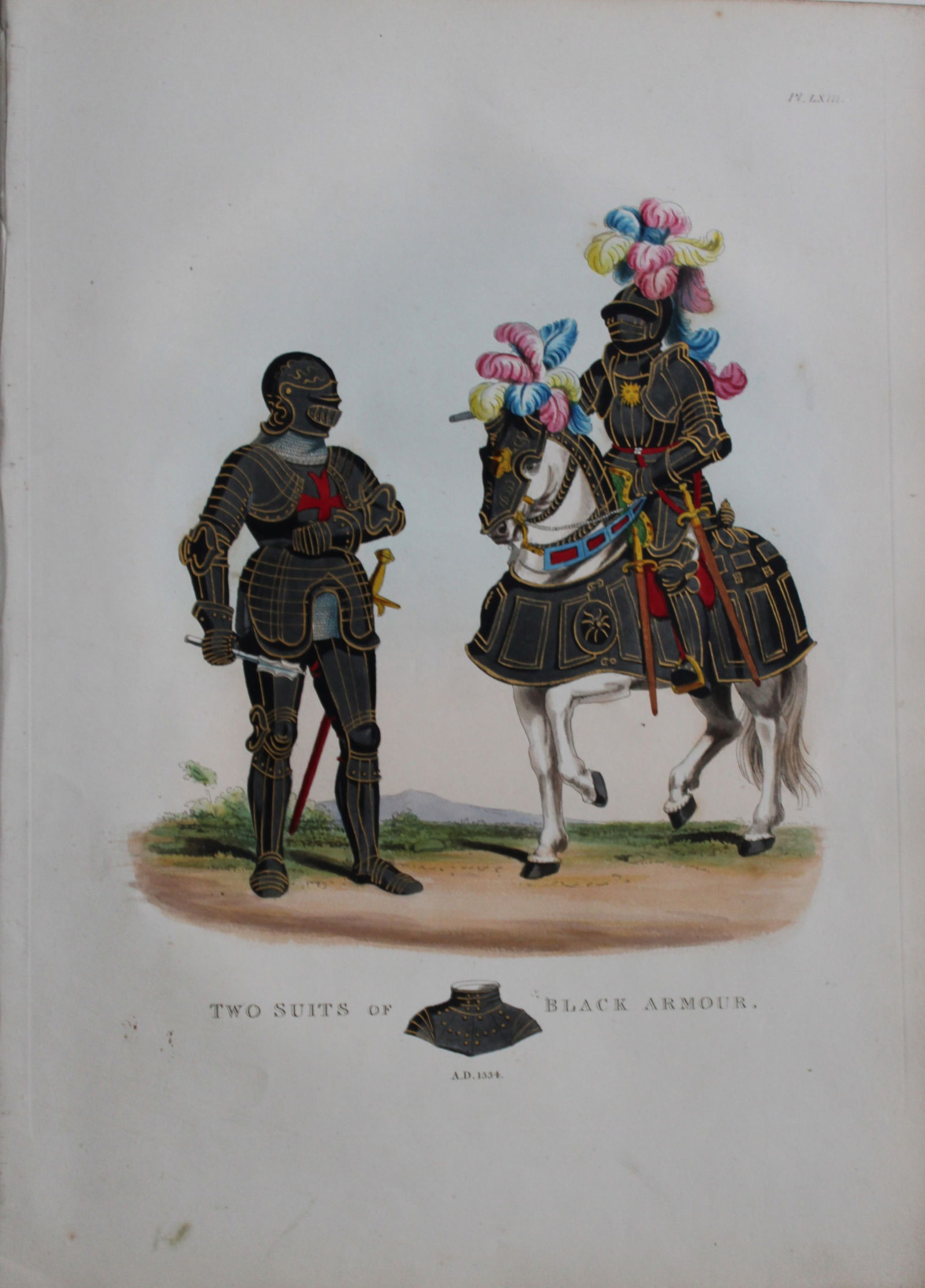 Two Suits of Black Armour by Samuel Meyrick 1842: This superb hand-coloured engraving of Two Suits of Black Armour by Samuel Meyrick 1842 from the 1842 enlarged folio edition of A Critical Inquiry into Antient Armour, as it existed in Europe, particu