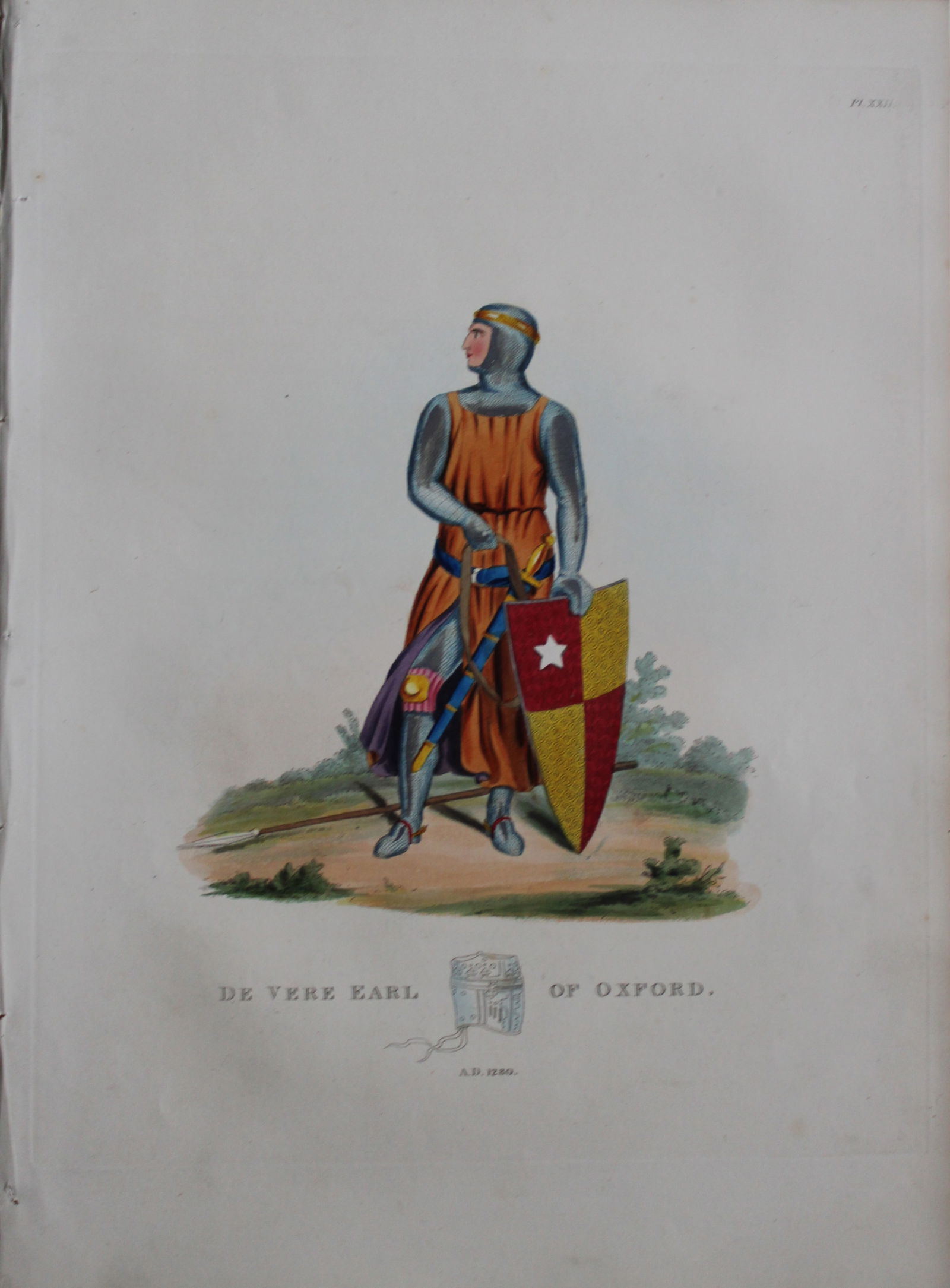 De Vere Earl of Oxford by Samuel Meyrick 1842: This superb hand-coloured engraving of De Vere Earl of Oxford by Samuel Meyrick 1842 from the 1842 enlarged folio edition of A Critical Inquiry into Antient Armour, as it existed in Europe, particular