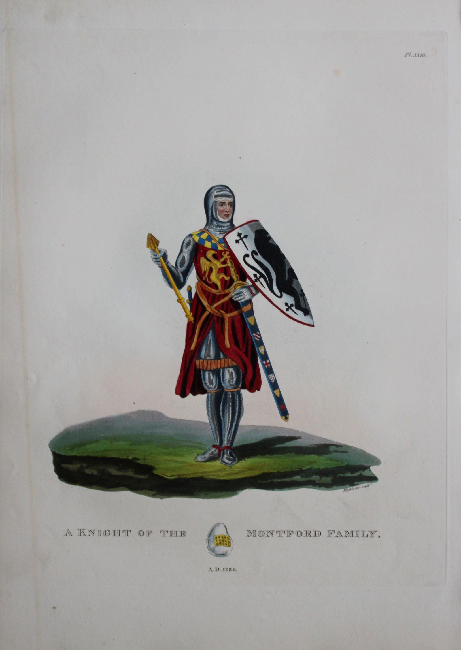 A Knight of the Montford Family by Samuel Meyrick 1842: This superb hand-coloured engraving of A Knight of the Montford Family by Samuel Meyrick 1842 from the 1842 enlarged folio edition of A Critical Inquiry into Antient Armour, as it existed in Europe, p