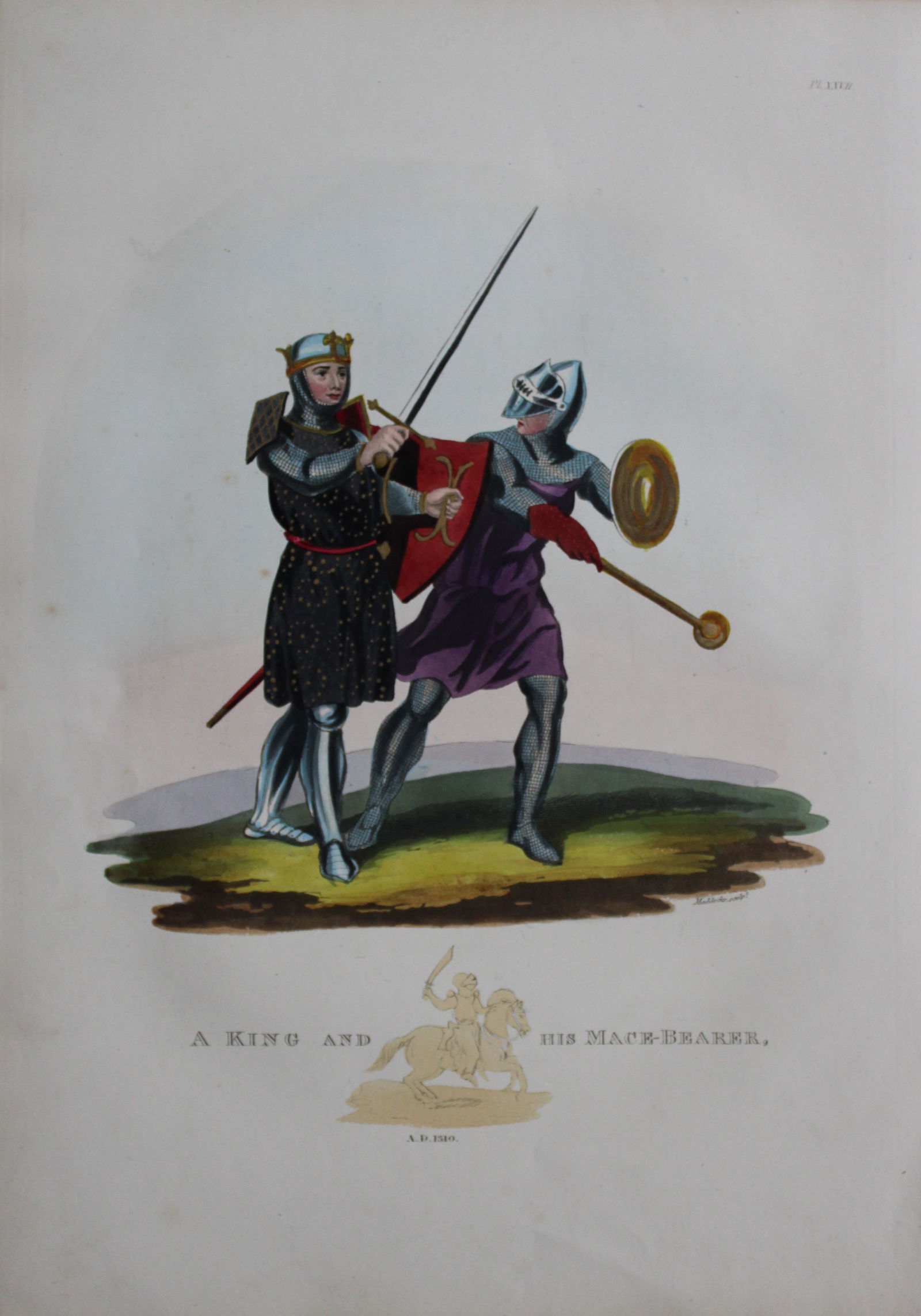 A King and his Mace-bearer by Samuel Meyrick 1842: This superb hand-coloured engraving of A King and his Mace-bearer by Samuel Meyrick 1842 from the 1842 enlarged folio edition of A Critical Inquiry into Antient Armour, as it existed in Europe, partic
