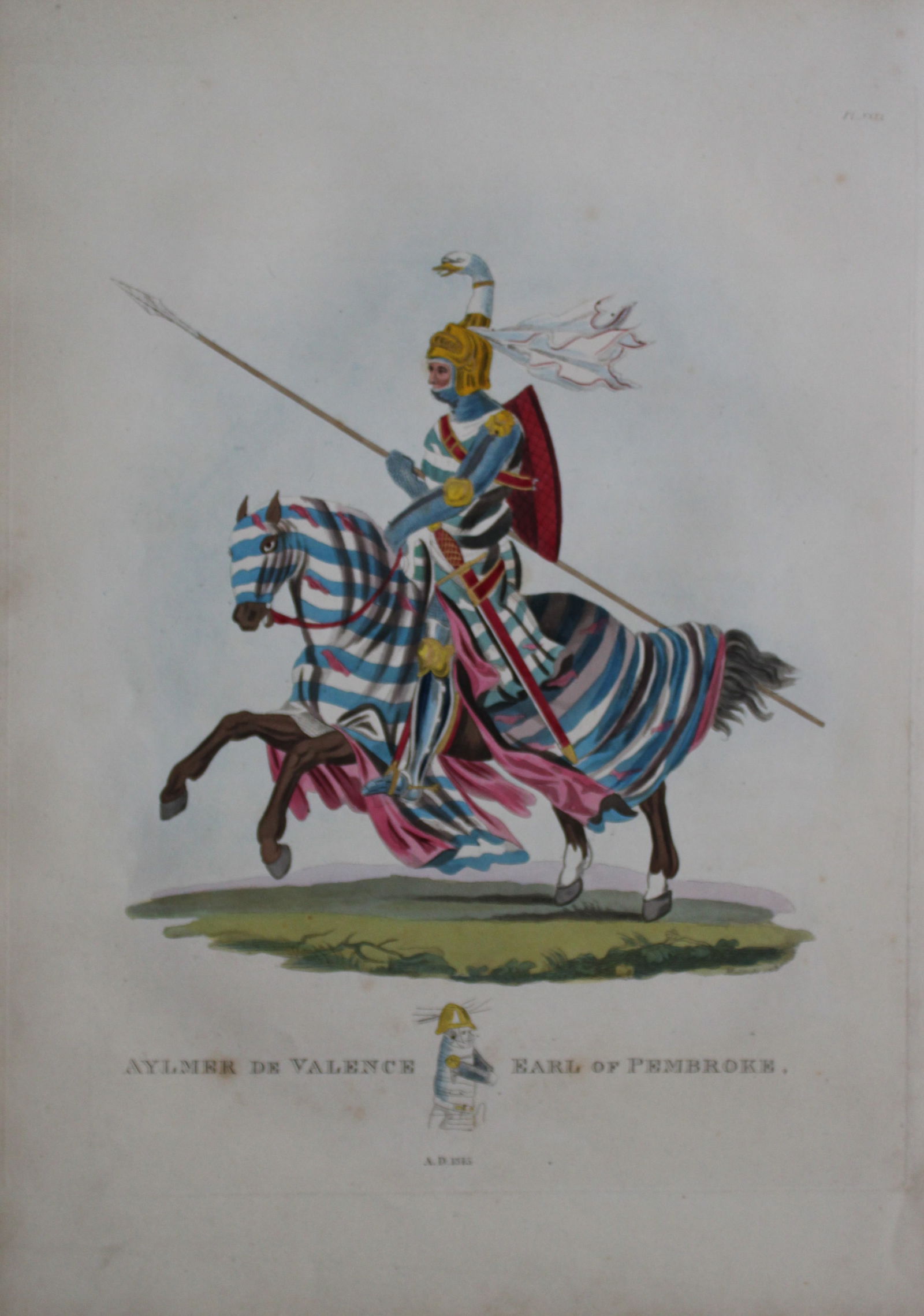 Aylmer de Valence Earl of Pembroke by Samuel Meyrick 1842: This superb hand-coloured engraving of Aylmer de Valence Earl of Pembroke by Samuel Meyrick 1842 from the 1842 enlarged folio edition of A Critical Inquiry into Antient Armour, as it existed in Europe