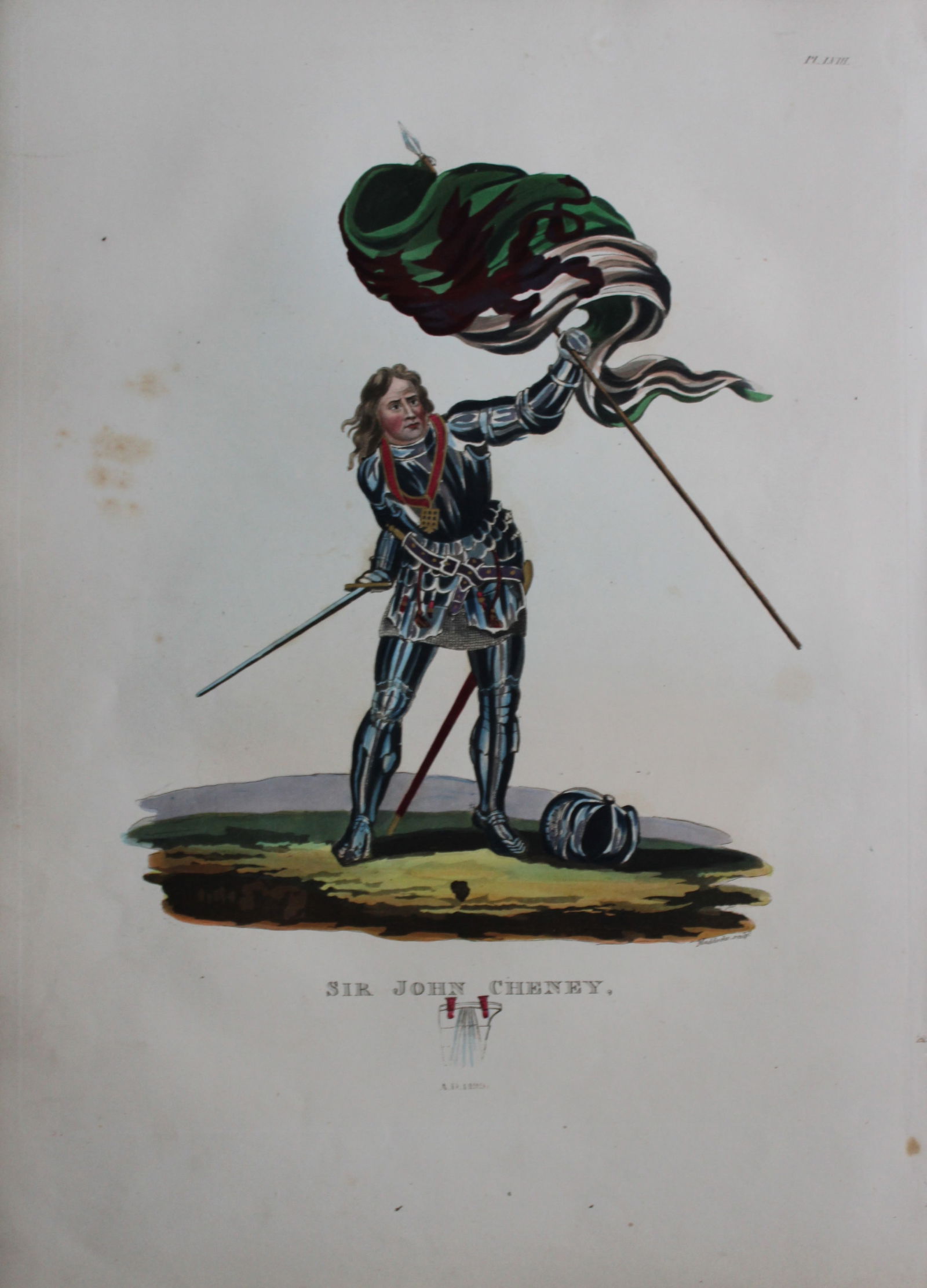 Sir John Cheney by Samuel Meyrick 1842: This superb hand-coloured engraving of Sir John Cheney by Samuel Meyrick 1842 from the 1842 enlarged folio edition of A Critical Inquiry into Antient Armour, as it existed in Europe, particularly in G