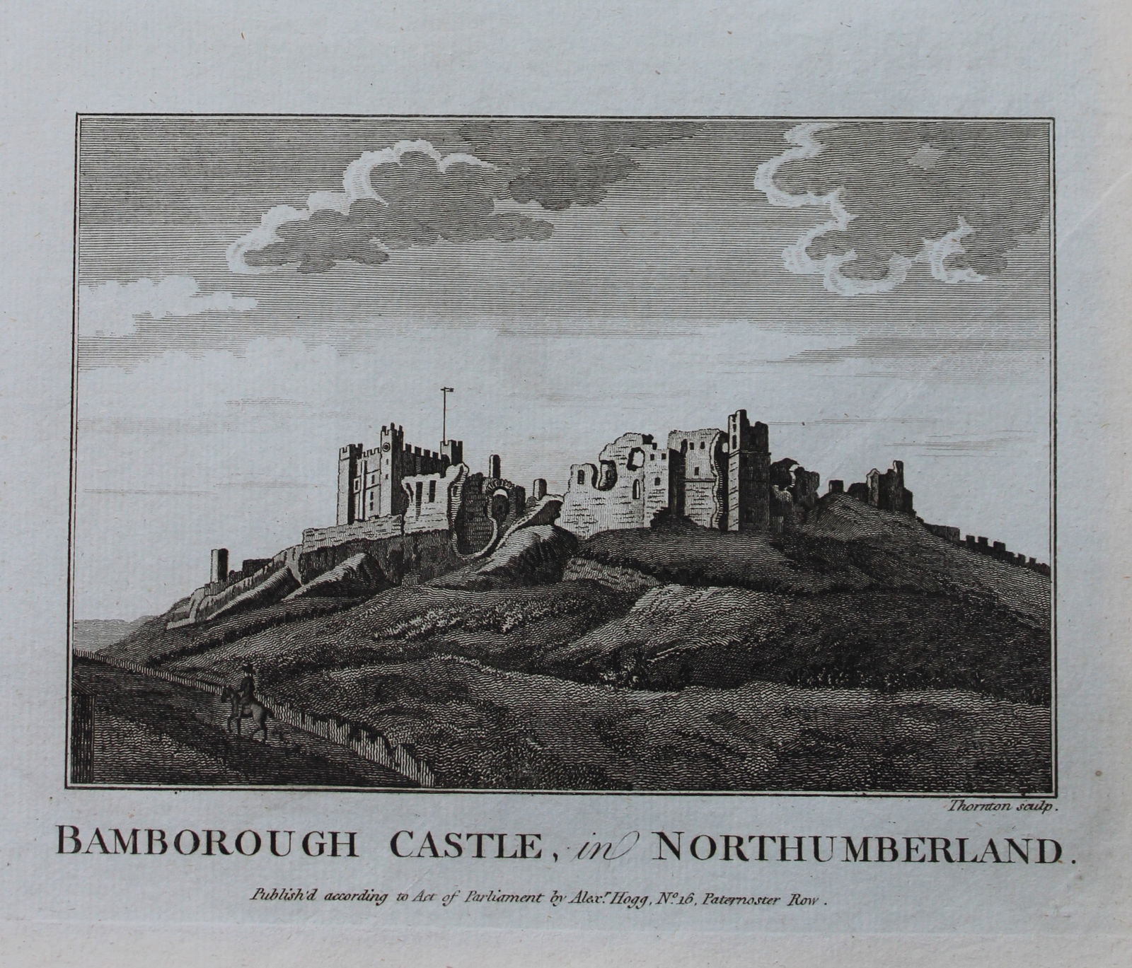 Alex Hogg - Bamborough Castle, Northumberland 1786: This copperplate engraving is from Historical Descriptions of new and elegant picturesque views of the antiquities of England and Wales? by Henry Boswell. Published by Alex Hogg, London, 1786. Size: a