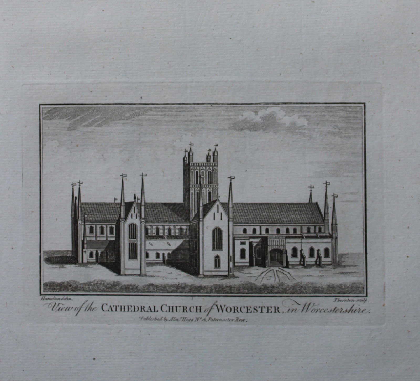 Alex Hogg - Worcester Cathedral 1786: This copperplate engraving is from Historical Descriptions of new and elegant picturesque views of the antiquities of England and Wales? by Henry Boswell. Published by Alex Hogg, London, 1786. Size: a