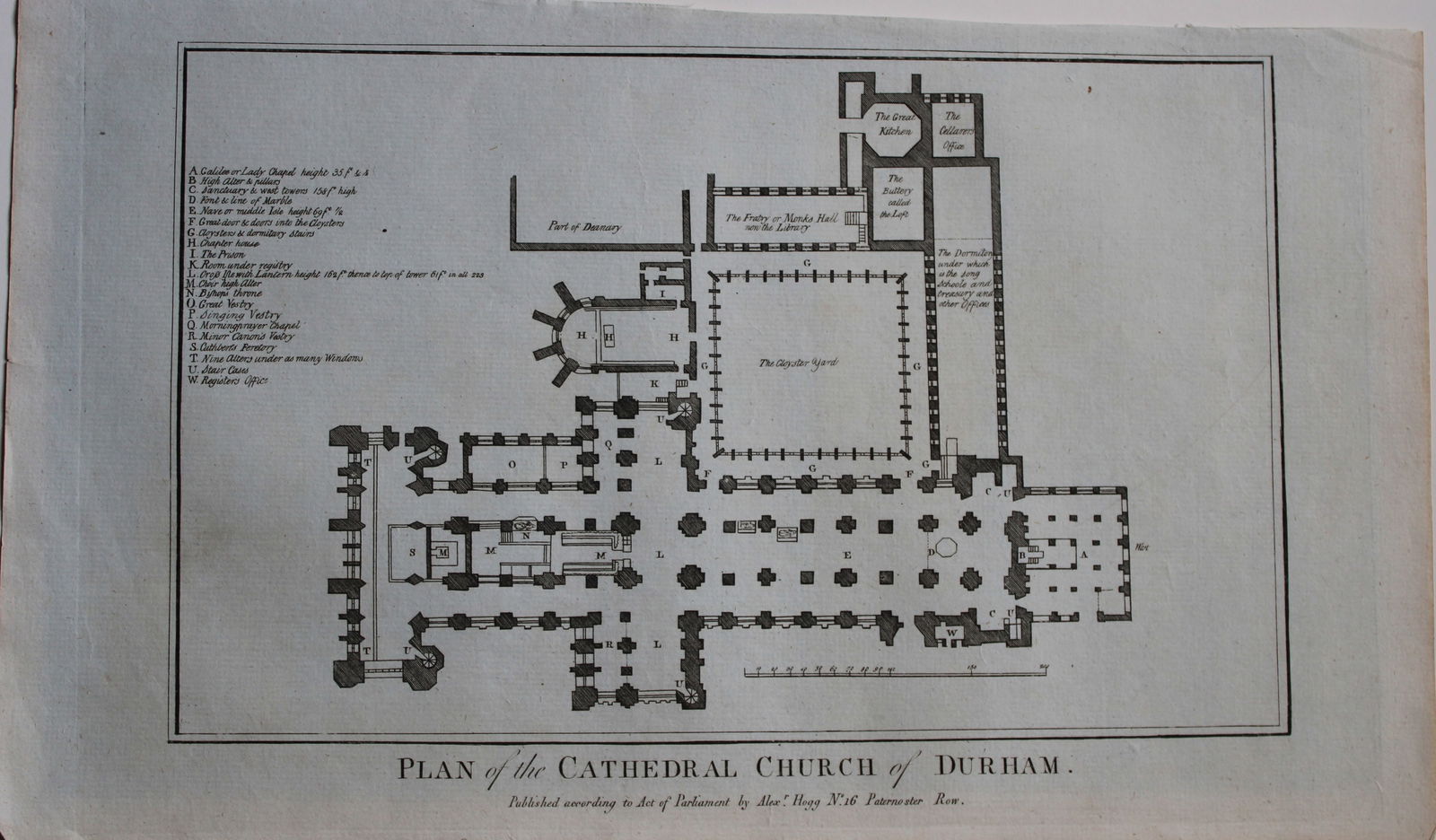 Alex Hogg - Plan of Durham Cathedral 1786: This copperplate engraving is from Historical Descriptions of new and elegant picturesque views of the antiquities of England and Wales? by Henry Boswell. Published by Alex Hogg, London, 1786. Size: a