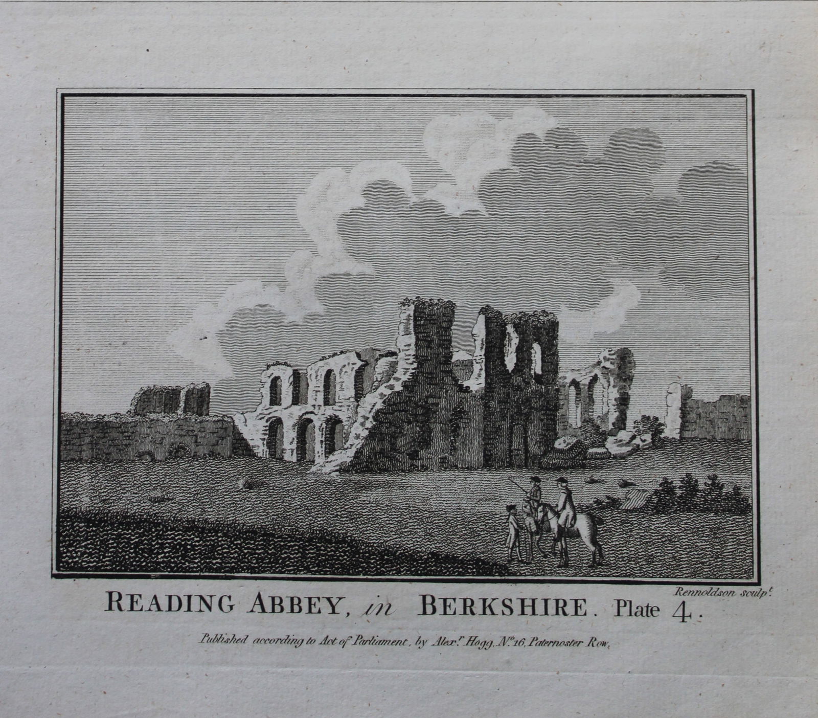 Alex Hogg - Reading Abbey, Berkshire 1786: This copperplate engraving is from Historical Descriptions of new and elegant picturesque views of the antiquities of England and Wales? by Henry Boswell. Published by Alex Hogg, London, 1786. Size: a