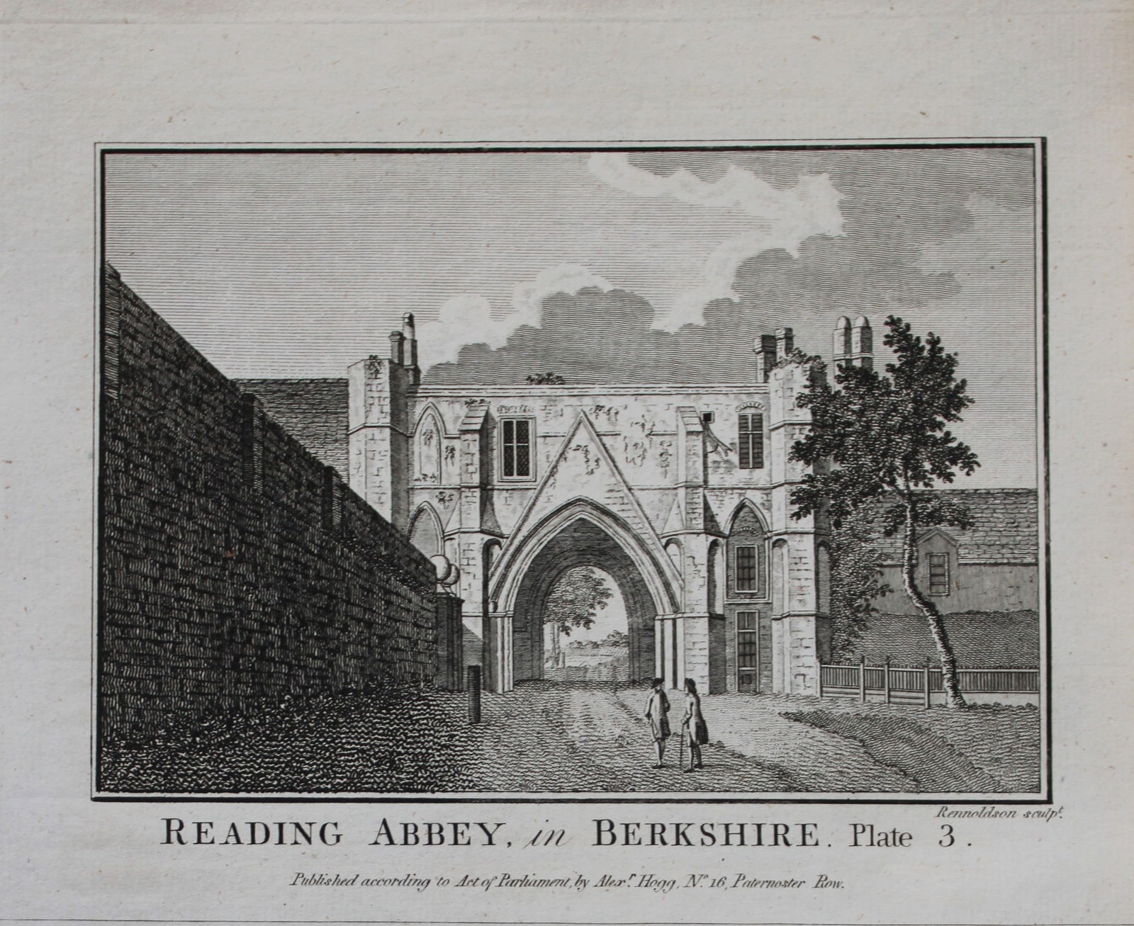 Alex Hogg - Reading Abbey, Berkshire 1786: This copperplate engraving is from Historical Descriptions of new and elegant picturesque views of the antiquities of England and Wales? by Henry Boswell. Published by Alex Hogg, London, 1786. Size: a