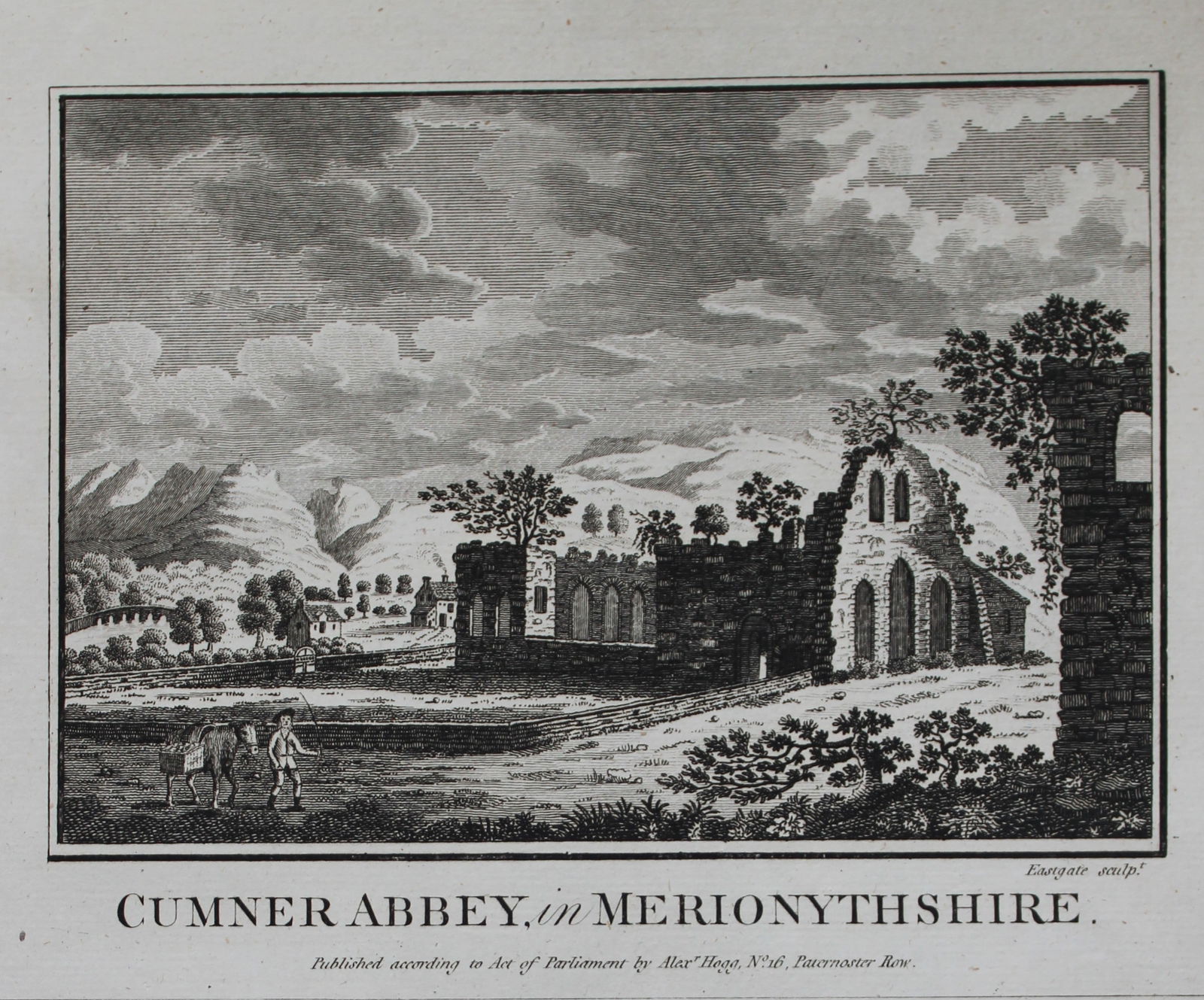 Alex Hogg - Cumner Abbey, Merionythshire 1786: This copperplate engraving is from Historical Descriptions of new and elegant picturesque views of the antiquities of England and Wales? by Henry Boswell. Published by Alex Hogg, London, 1786. Size: a
