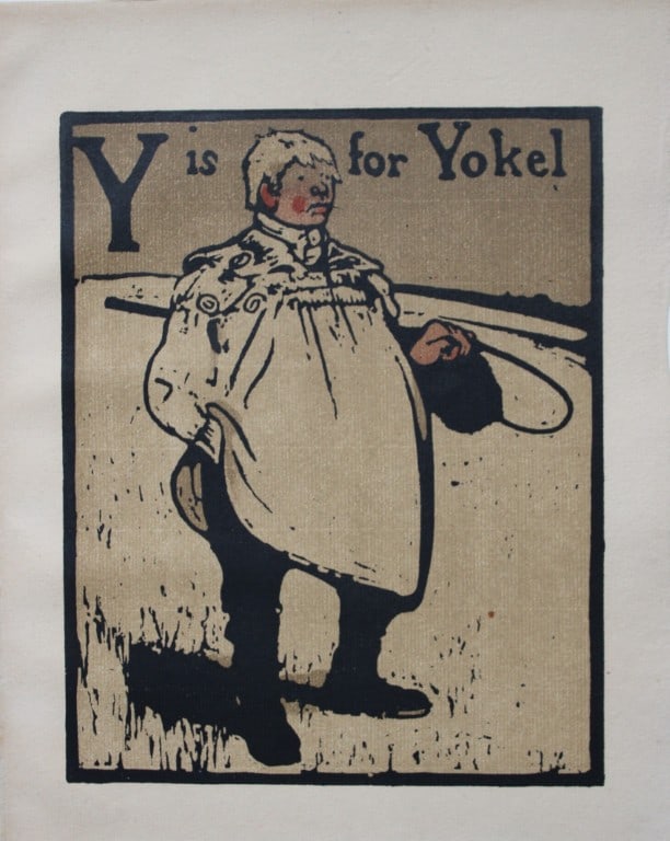 William Nicholson - Y is for Yokel 1898: This lithograph is from An Alphabet by William Nicholson. Published by RH Russell. New York. 1898. An ABC of the trades with the most accomplished artistic sense, twenty-six woodcuts, lithographed in