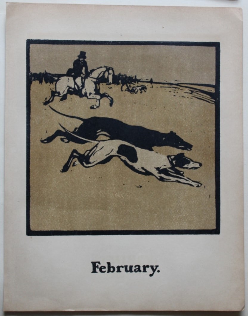 William Nicholson - February Coursing 1898: This print is for the month of February showing the sport of Coursing and is from An Almanac of Twelve Sports by William Nicolson with words by Rudyard Kipling. Published by William Heinemann, London
