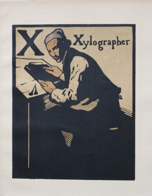 William Nicholson - X is for Xylographer 1898: This lithograph is from An Alphabet by William Nicholson. Published by RH Russell. New York. 1898. An ABC of the trades with the most accomplished artistic sense, twenty-six woodcuts, lithographed in