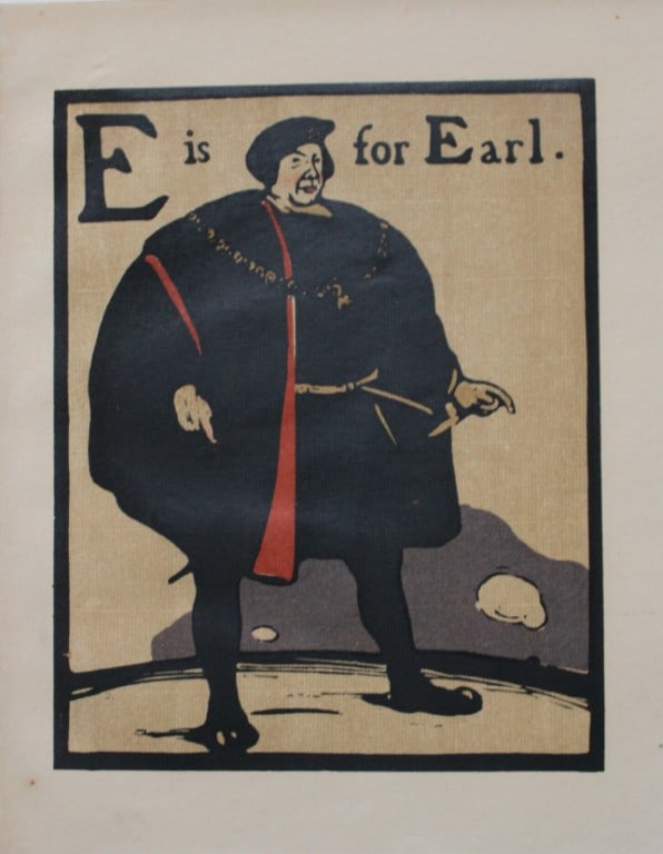 William Nicholson - E is for Earl 1898: This lithograph is from An Alphabet by William Nicholson. Published by RH Russell. New York. 1898. An ABC of the trades with the most accomplished artistic sense, twenty-six woodcuts, lithographed in