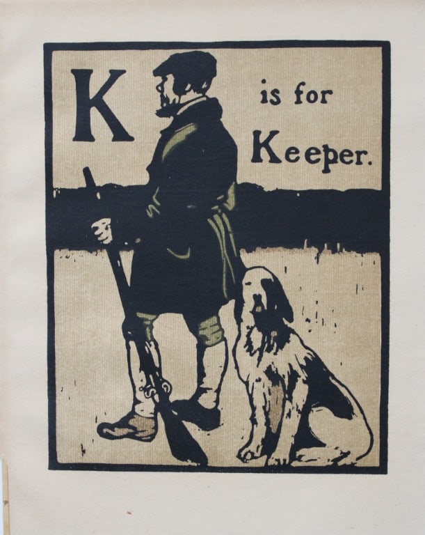 William Nicholson - K is for Keeper 1898: This lithograph is from An Alphabet by William Nicholson. Published by RH Russell. New York. 1898. An ABC of the trades with the most accomplished artistic sense, twenty-six woodcuts, lithographed in