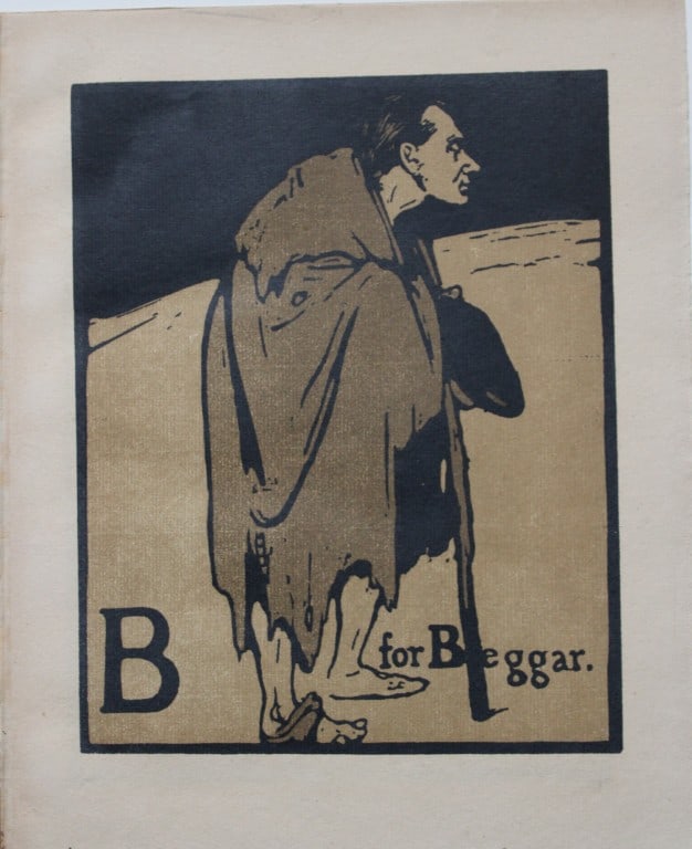 William Nicholson - B is for Beggar 1898: This lithograph is from An Alphabet by William Nicholson. Published by RH Russell. New York. 1898. An ABC of the trades with the most accomplished artistic sense, twenty-six woodcuts, lithographed in