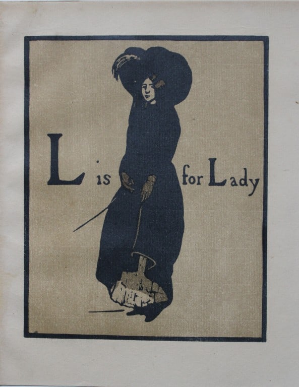 William Nicholson - L is for Lady 1898: This lithograph is from An Alphabet by William Nicholson. Published by RH Russell. New York. 1898. An ABC of the trades with the most accomplished artistic sense, twenty-six woodcuts, lithographed in