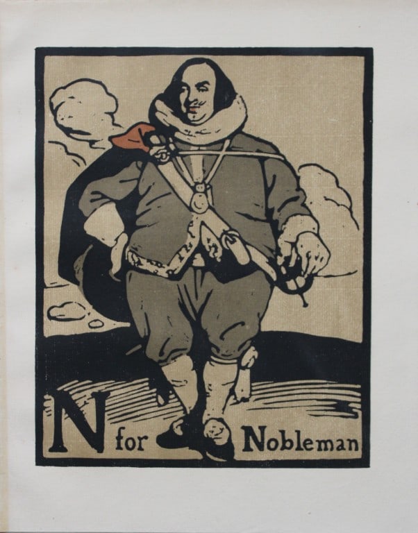 William Nicholson - N is for Nobleman 1898: This lithograph is from An Alphabet by William Nicholson. Published by RH Russell. New York. 1898. An ABC of the trades with the most accomplished artistic sense, twenty-six woodcuts, lithographed in