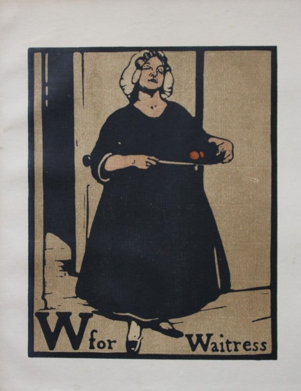 William Nicholson - W is for Waitress 1898: This lithograph is from An Alphabet by William Nicholson. Published by RH Russell. New York. 1898. An ABC of the trades with the most accomplished artistic sense, twenty-six woodcuts, lithographed in