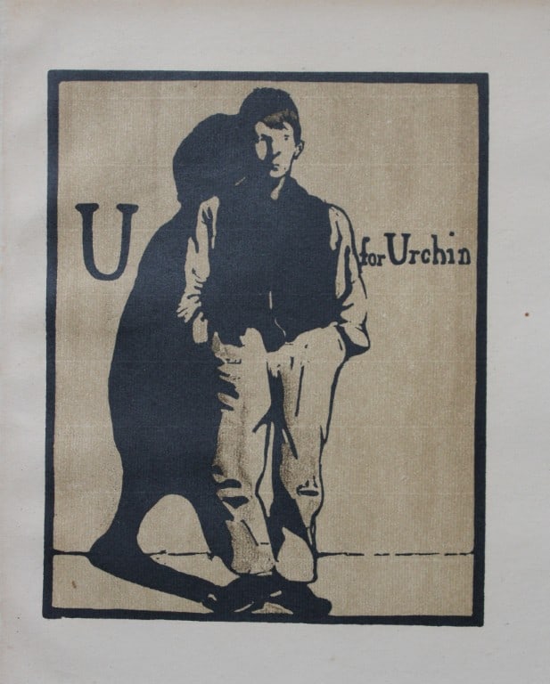 William Nicholson - U is for Urchin 1898: This lithograph is from An Alphabet by William Nicholson. Published by RH Russell. New York. 1898. An ABC of the trades with the most accomplished artistic sense, twenty-six woodcuts, lithographed in