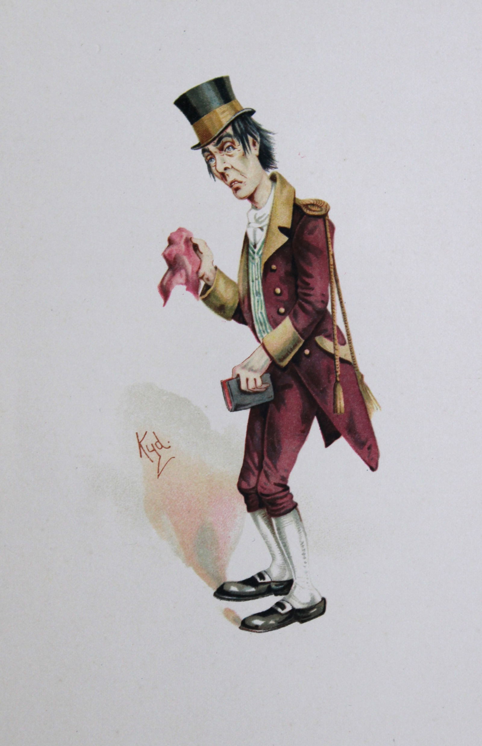 Clayton Clarke (Kyd) - Print of Job Trotter from Pickwick Papers, Charles Dickens character 1892: This lithographic print is from Some Well Known Characters from the Works of Charles Dickens. Illustrated by J. Clayton Clark. Published by Hildesheimer & Faulkner, London & George C Whitney, New York