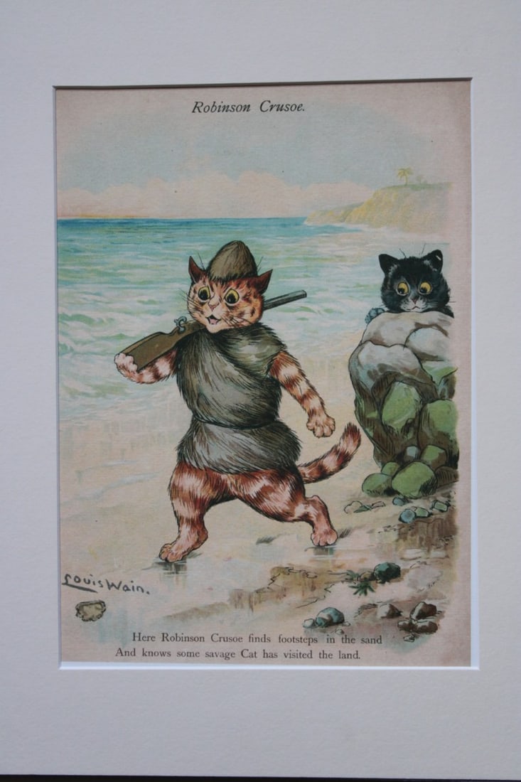Louis Wain - Rare plate of Robinson Crusoe 1905.: This colour plate is from the rare publication Frolics in Fairyland by Grace Floyd, illustrated by Louis Wain. Published by?Raphael Tuck & Sons, Co. Ltd, New York / London / Paris,?1905. Rare Wain pro
