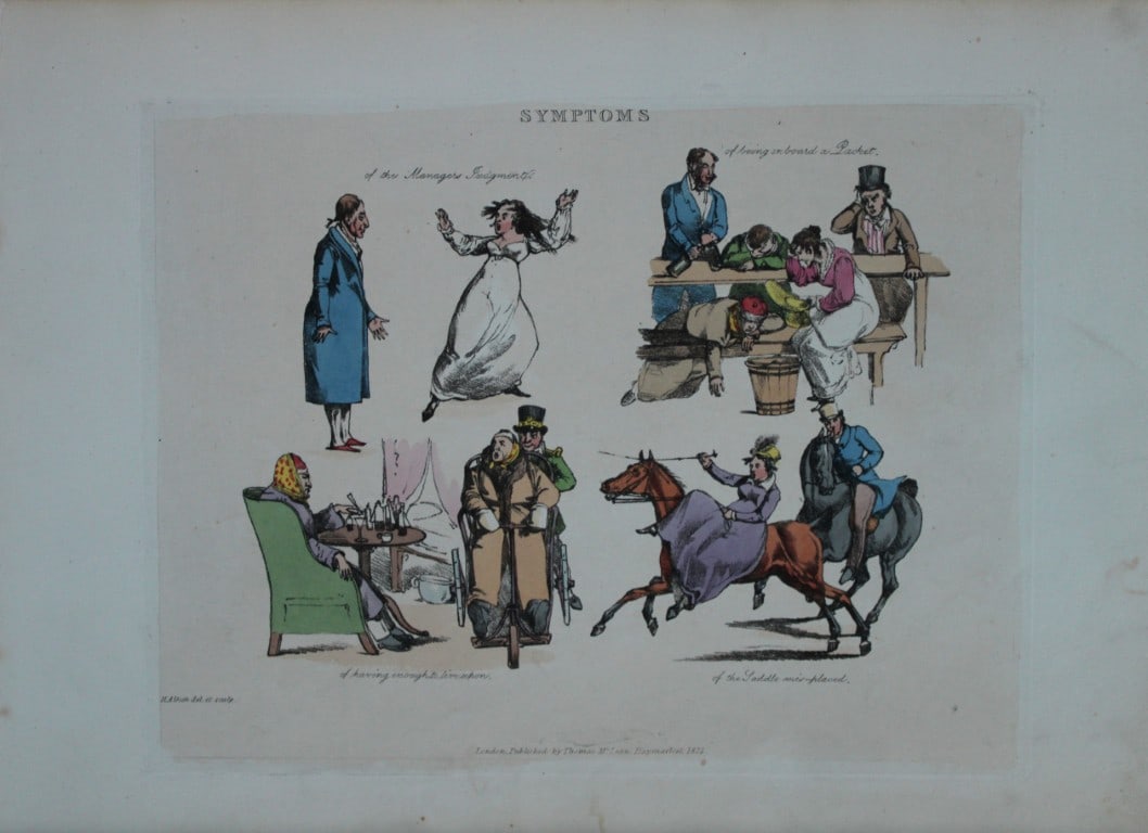 Henry Alken - Etching from Symptoms of being amused 1822: Original hand coloured soft ground etching from Symptoms Of Being Amused by Henry Aklen, published by Thomas McLean, London 1822. Henry Alken was born in London in 1784 into a family which became cele