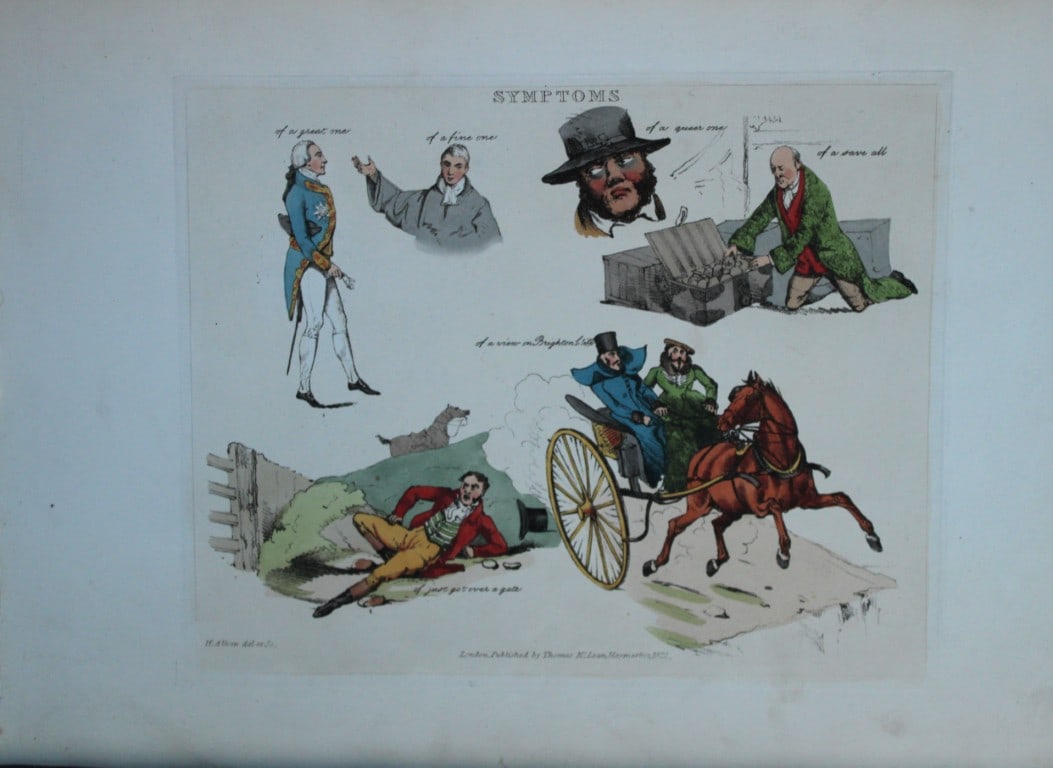 Henry Alken - Etching from Symptoms of being amused 1822: Original hand coloured soft ground etching from Symptoms Of Being Amused by Henry Aklen, published by Thomas McLean, London 1822. Henry Alken was born in London in 1784 into a family which became cele