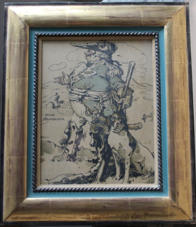 William Nicholson - Baron Munchausen lithograph 1900: Original lithograph from Characters of Romance by Sir William Nicholson. Published by R.H. Russell, New York, 1900.Size: 20in x 16in (51cm x 41cm) excluding the frame