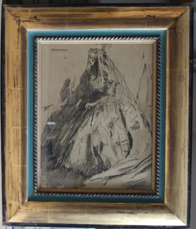 William Nicholson - Miss Havisham lithograph 1900: Original lithograph from Characters of Romance by Sir William Nicholson. Published by R.H. Russell, New York, 1900.Size: 20in x 16in (51cm x 41cm) excluding the frame